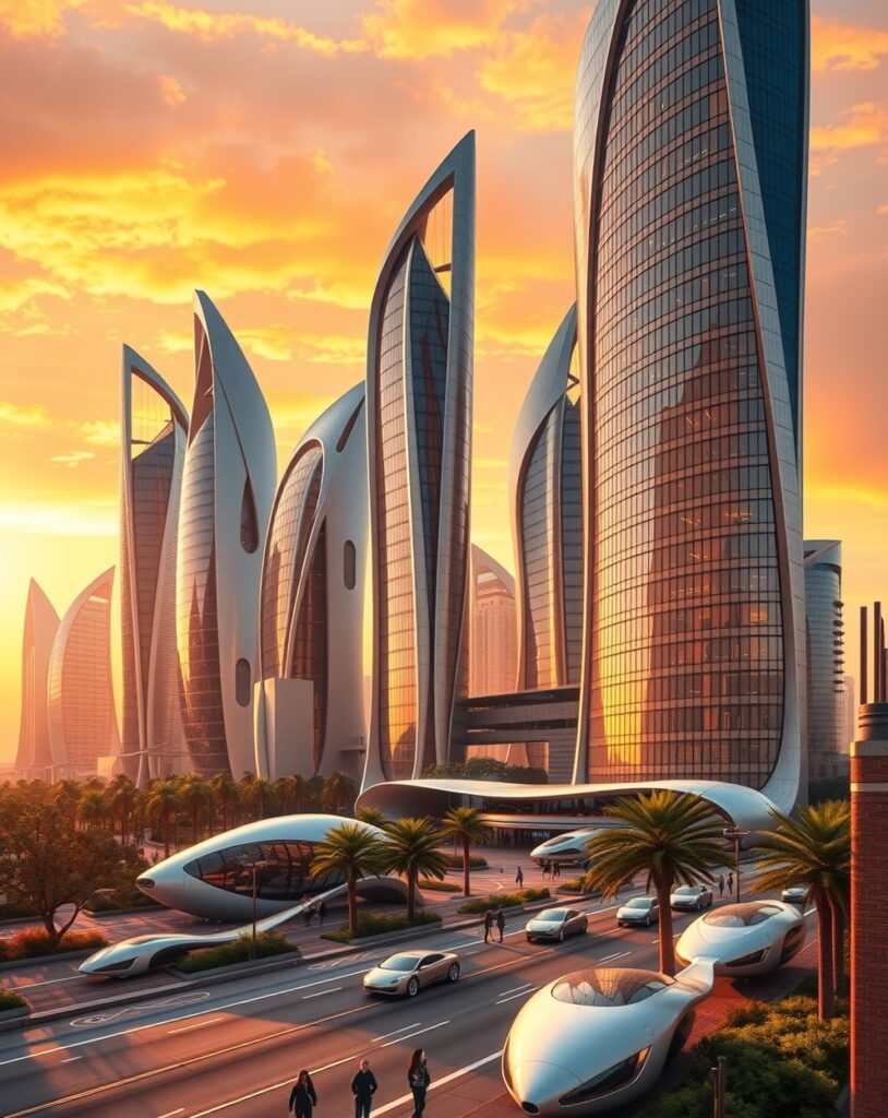 Futuristic Skyscrapers Against a Sunset Sky – free AI stock image