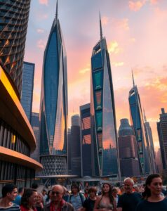 Futuristic Skyscrapers Against a Sunset Sky – free AI stock image