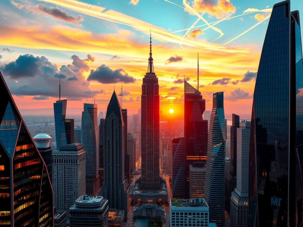 Futuristic Skyscrapers Against a Sunset Sky – free AI stock image