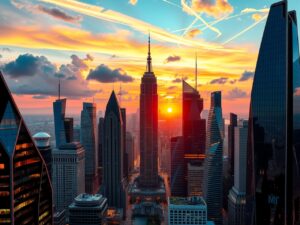 Futuristic Skyscrapers Against a Sunset Sky – free AI stock image