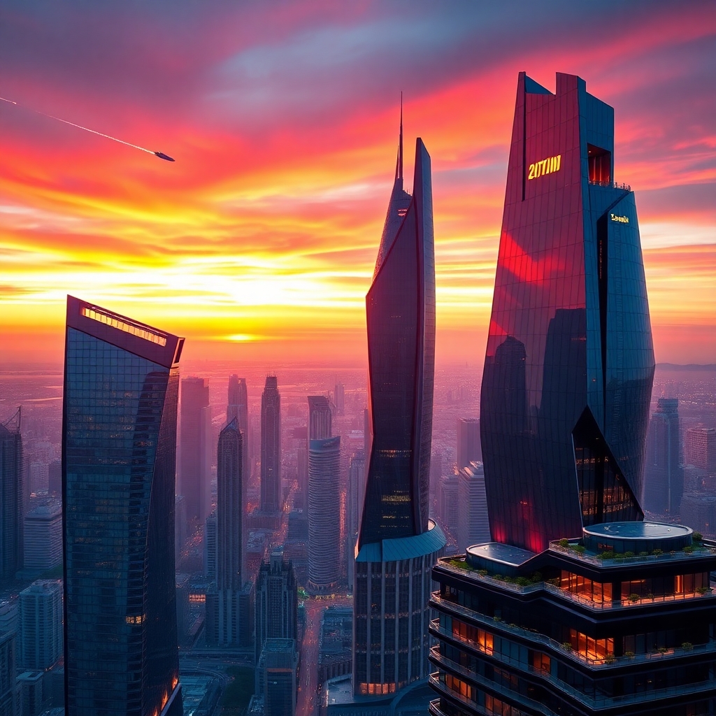 Futuristic Skyscrapers Against a Sunset Sky – free AI stock image