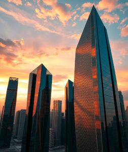 Futuristic Skyscrapers Against Sunset Sky – free AI stock image