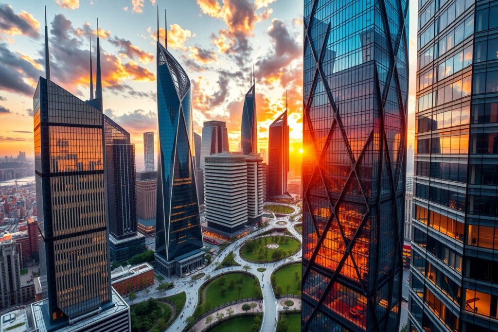 Futuristic Skyscrapers Against Vibrant Sunset – free AI stock image