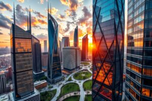 Futuristic Skyscrapers Against Vibrant Sunset – free AI stock image
