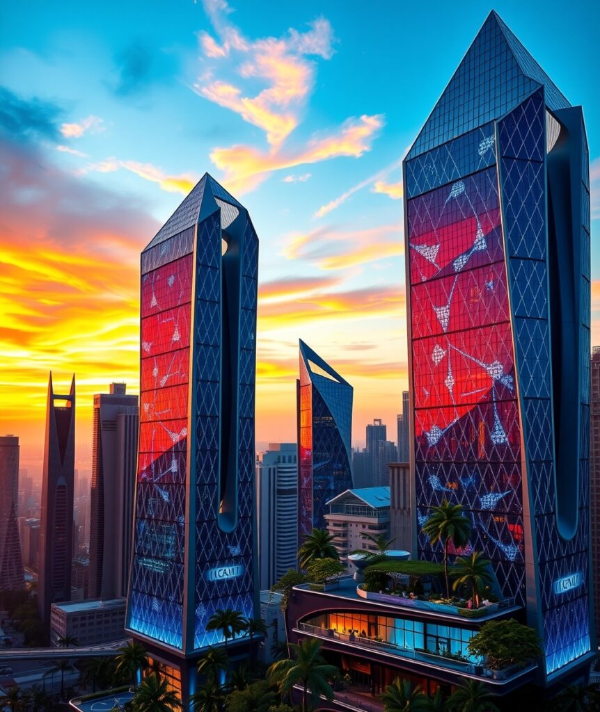 Futuristic Skyscrapers at Sunset – free AI stock image