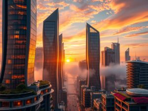 Futuristic Skyscrapers in Urban Landscape – free AI stock image