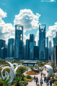 Futuristic Skyscrapers Under a Bright Sky – free AI stock image