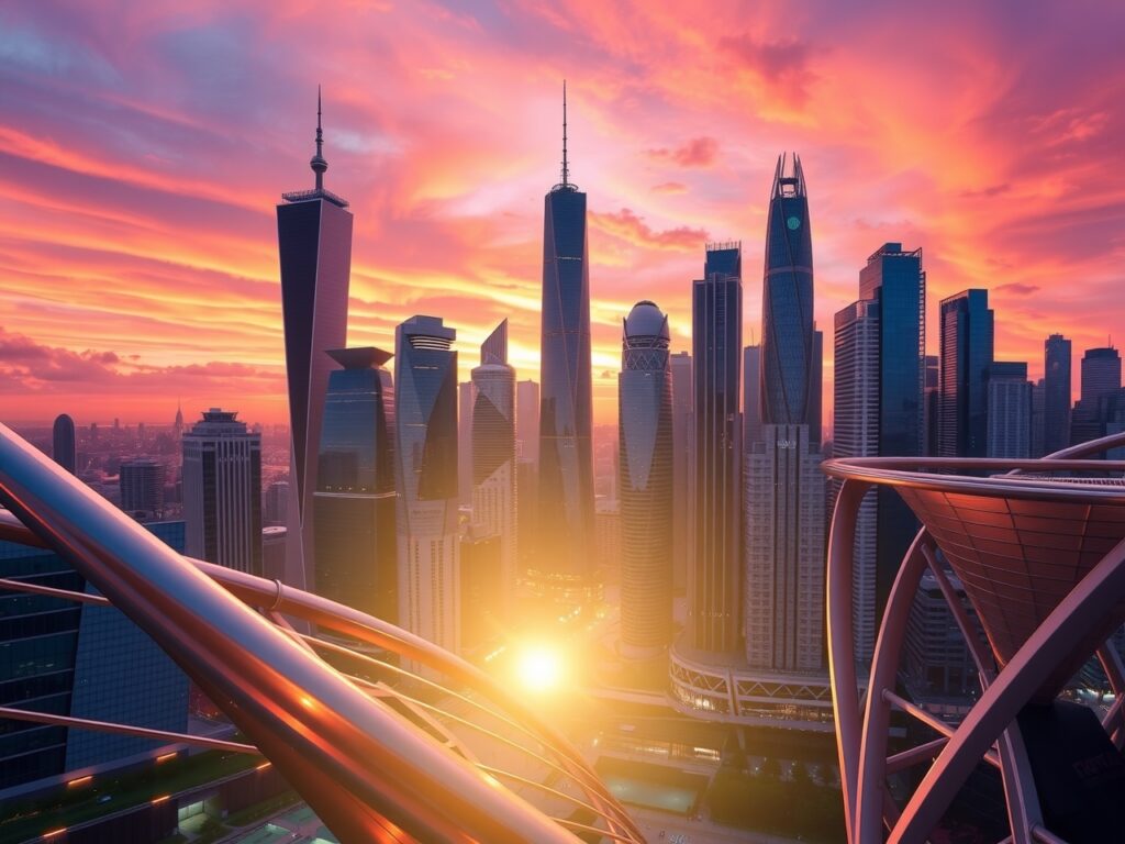 Futuristic Skyscrapers Under a Sunset Sky – free AI stock image
