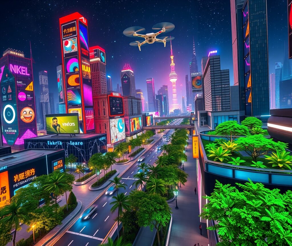 Futuristic Smart City with Neon Lights – free AI stock image