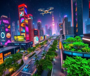 Futuristic Smart City with Neon Lights – free AI stock image