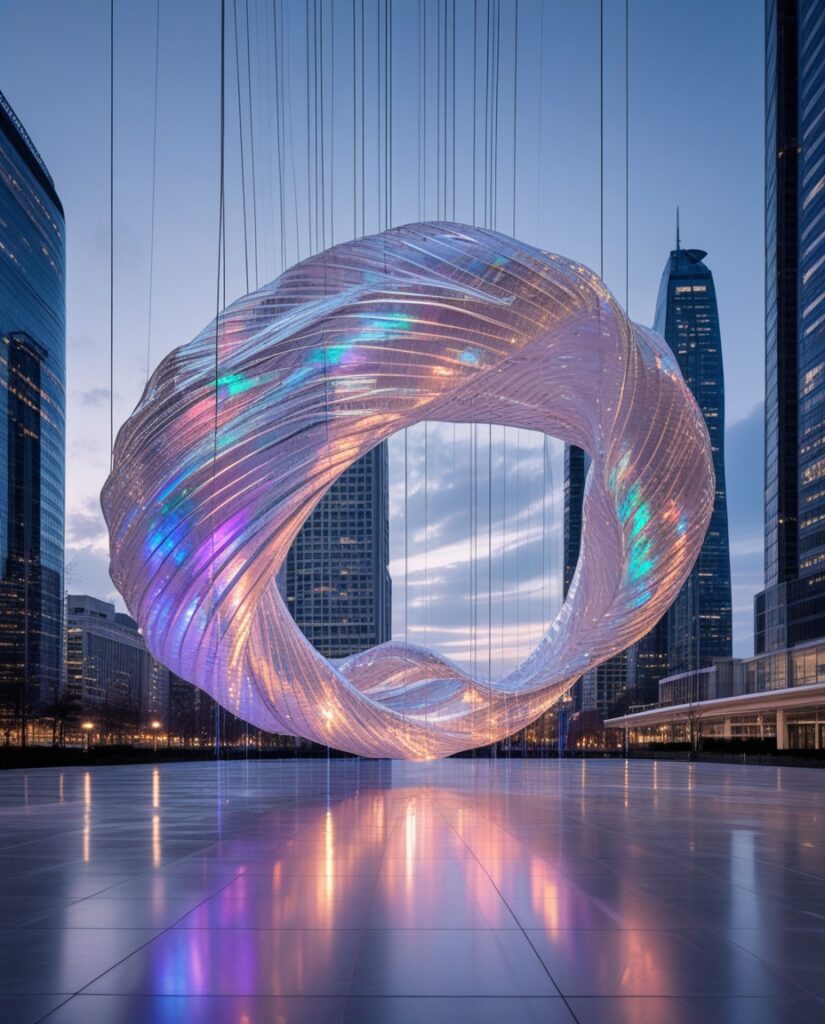 Futuristic SoundWave Sculpture in Urban Space – free AI stock image