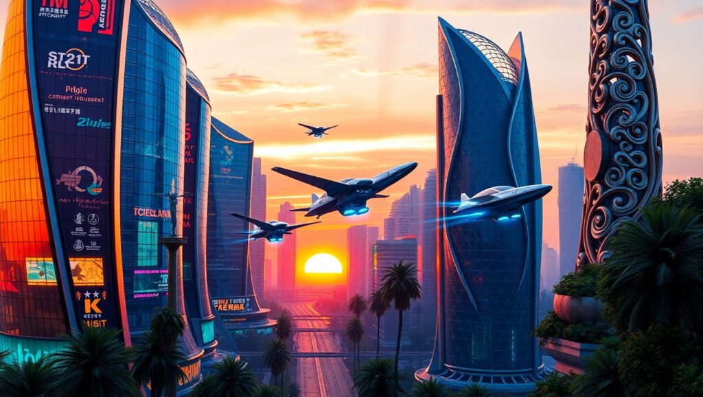 Futuristic Sunset Cityscape – free AI stock image