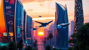 Futuristic Sunset Cityscape – free AI stock image