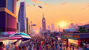 Futuristic Sunset Festival – free AI stock image