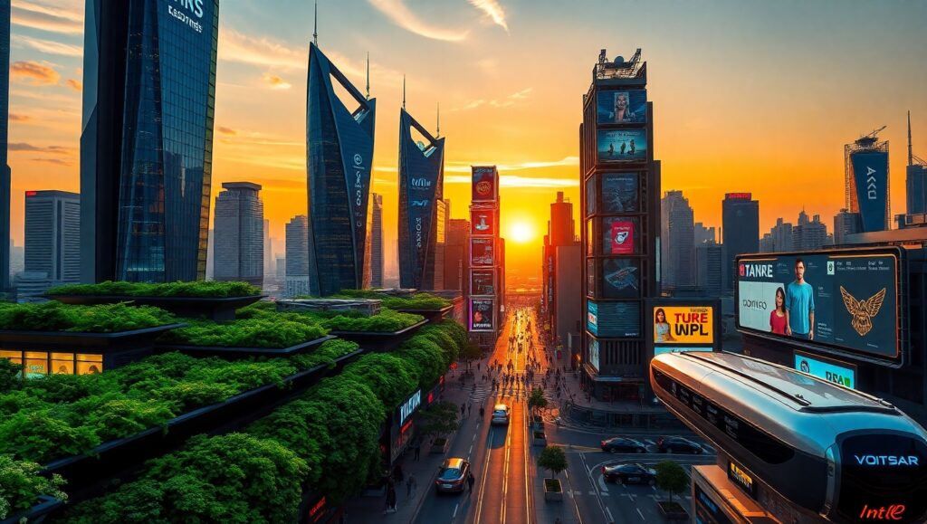 Futuristic Sustainable City Skyline – free AI stock image