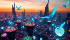 Futuristic Twilight Cityscape – free AI stock image