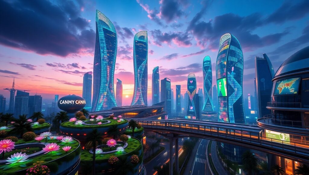 Futuristic Twilight Cityscape – free AI stock image