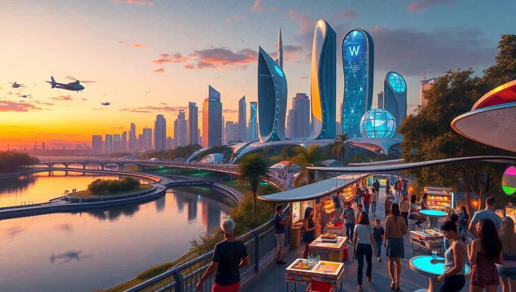 Futuristic Twilight Cityscape – free AI stock image