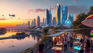Futuristic Twilight Cityscape – free AI stock image