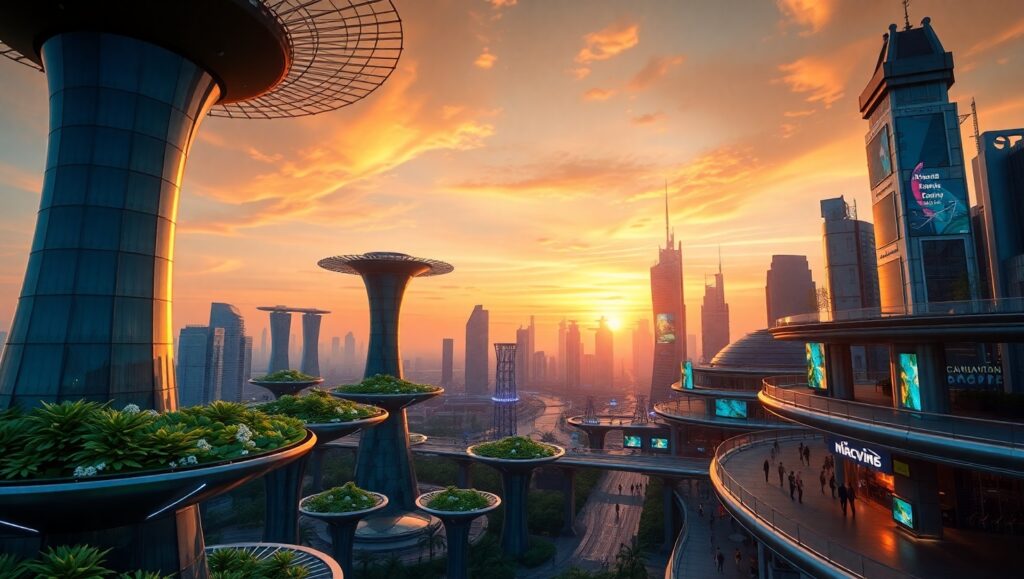 Futuristic Twilight Cityscape – free AI stock image