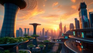 Futuristic Twilight Cityscape – free AI stock image