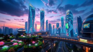 Futuristic Twilight Cityscape – free AI stock image