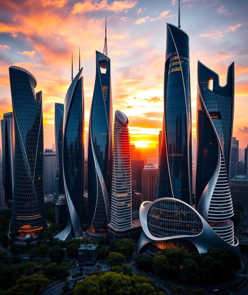 Futuristic Urban Architecture at Sunset – free AI stock image