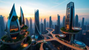 Futuristic Urban Harmony at Dusk – free AI stock image