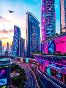 Futuristic Urban Landscape with Digital Elements – free AI stock image
