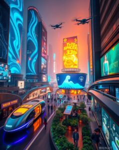 Futuristic Urban Landscape with Digital Screens – free AI stock image