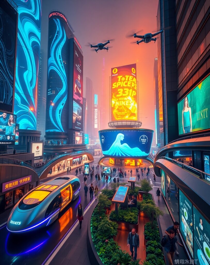 Futuristic Urban Landscape with Digital Screens – free AI stock image