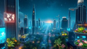 Futuristic Urban Landscape with Greenery – free AI stock image