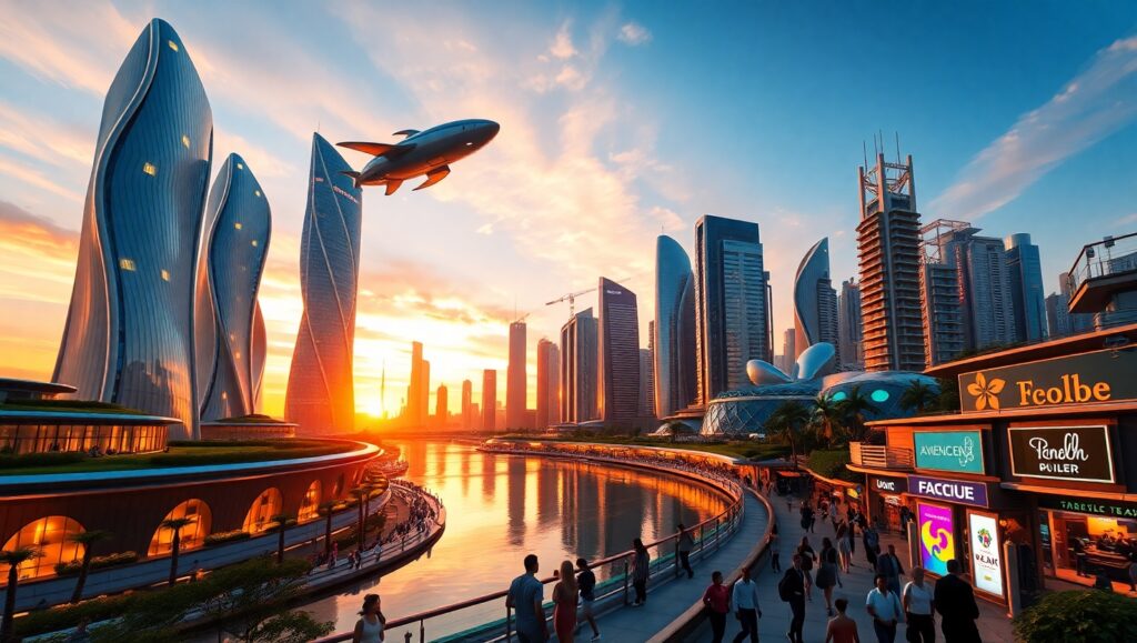 Futuristic Urban Oasis at Dusk – free AI stock image