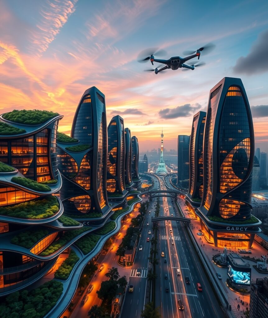 Futuristic Urban Skyline at Dusk – free AI stock image