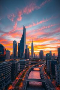 Futuristic Urban Skyline at Dusk – free AI stock image
