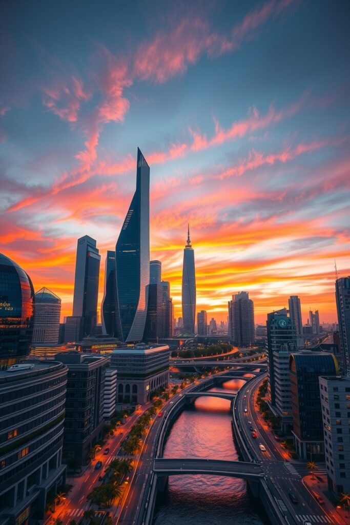 Futuristic Urban Skyline at Dusk – free AI stock image