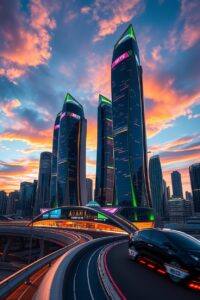 Futuristic Urban Skyline at Dusk – free AI stock image