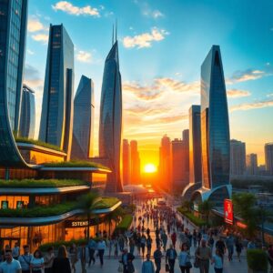 Futuristic Urban Skyline at Sunset – free AI stock image