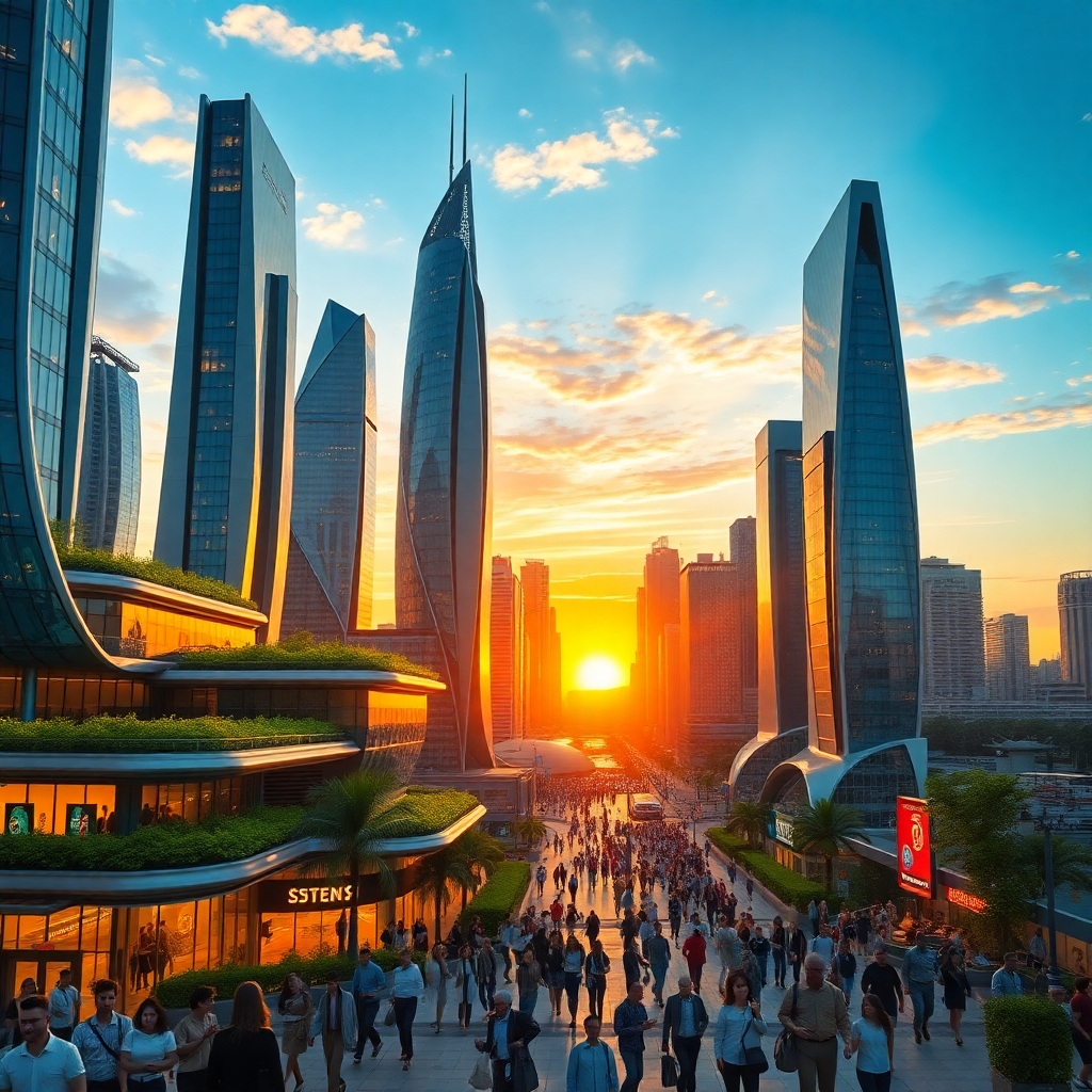 Futuristic Urban Skyline at Sunset – free AI stock image