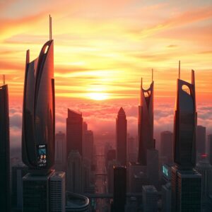 Futuristic Urban Skyline at Sunset – free AI stock image