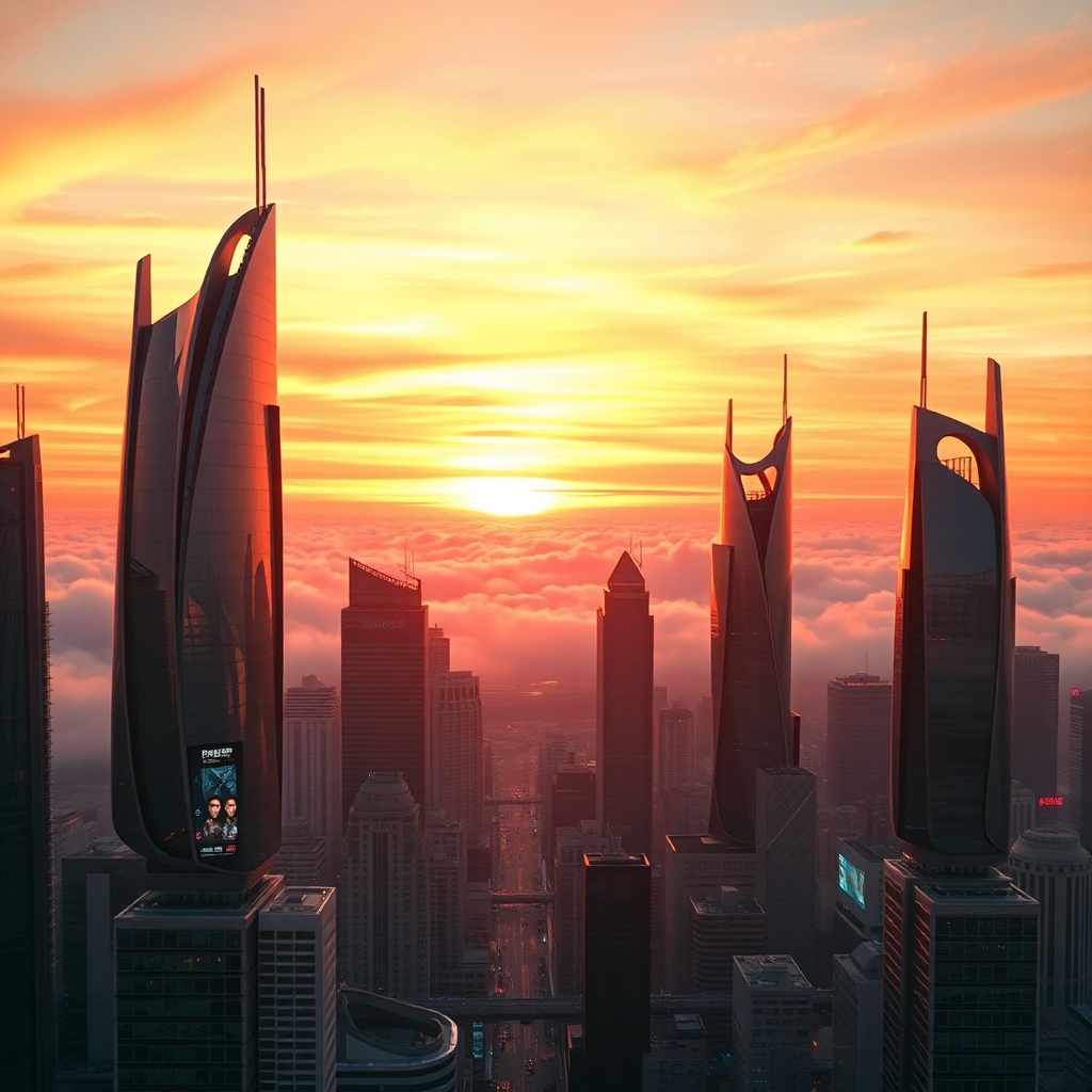 Futuristic Urban Skyline at Sunset – free AI stock image