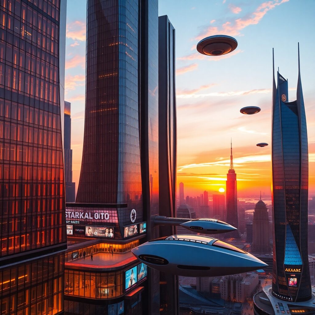 Futuristic Urban Skyline at Sunset – free AI stock image