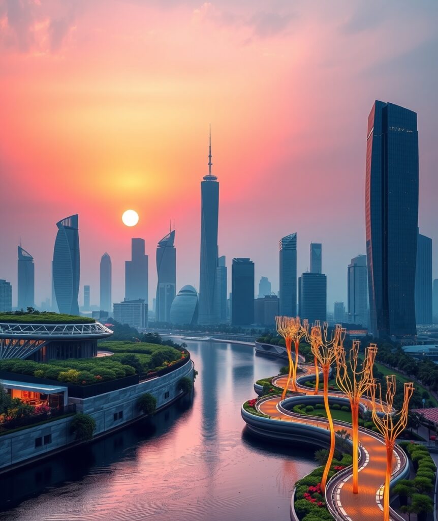 Futuristic Urban Skyline at Sunset – free AI stock image