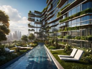 Futuristic Urban Skyscraper with Greenery – free AI stock image
