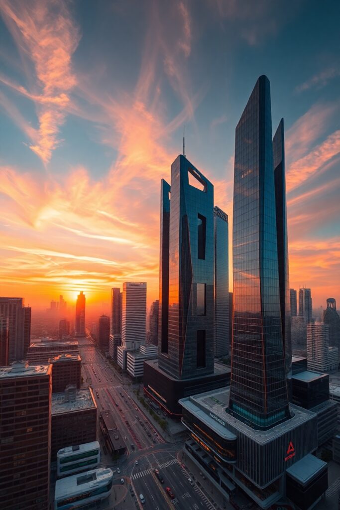 Futuristic Urban Skyscrapers at Sunset – free AI stock image