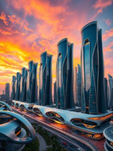 Futuristic Urban Skyscrapers at Sunset – free AI stock image