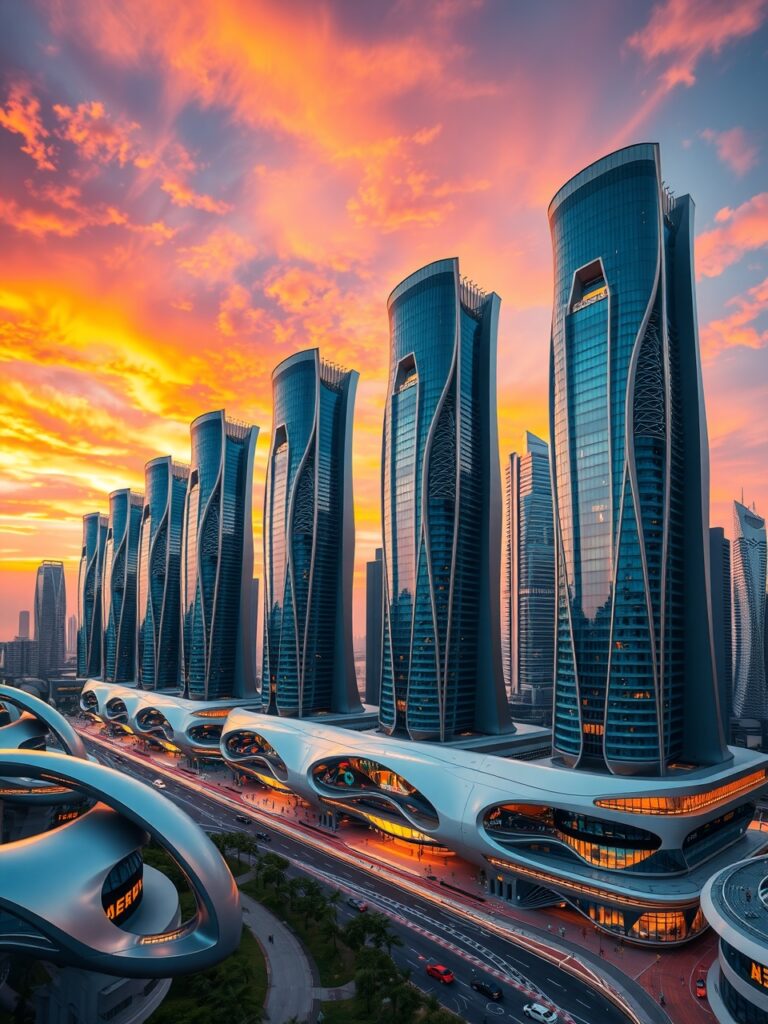 Futuristic Urban Skyscrapers at Sunset – free AI stock image