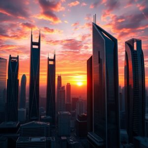 Futuristic Urban Skyscrapers at Sunset – free AI stock image