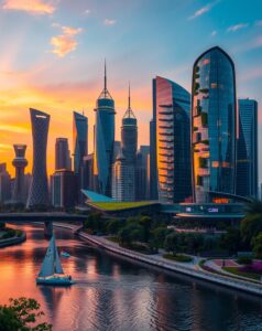Futuristic Urban Skyscrapers Under Sunset – free AI stock image