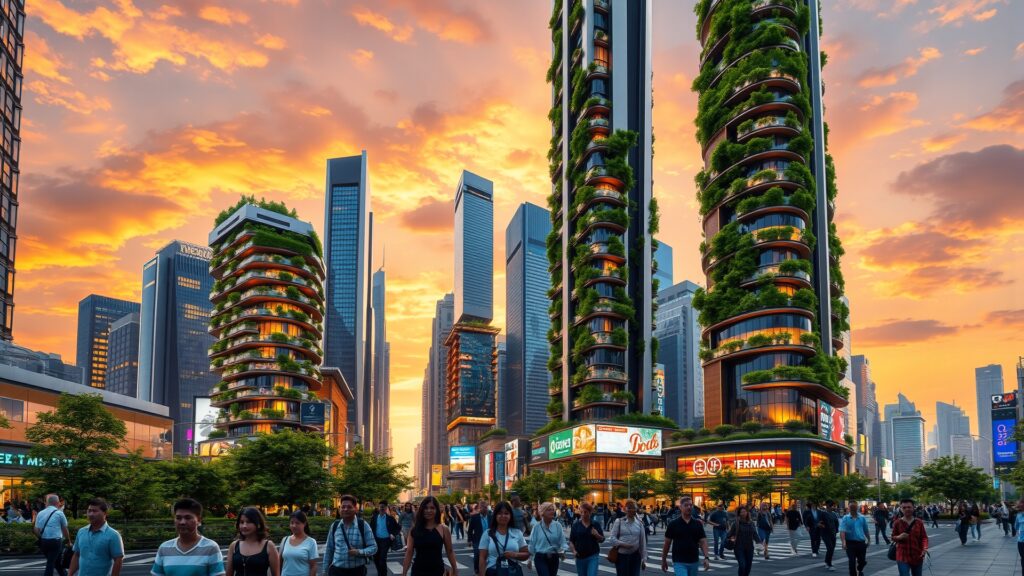 Futuristic Urban Skyscrapers with Green Facades image – free AI stock image
